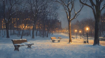 Serene winter park at night, benches covered in snow, bare trees illuminated by nearby streetlights, tranquil and peaceful