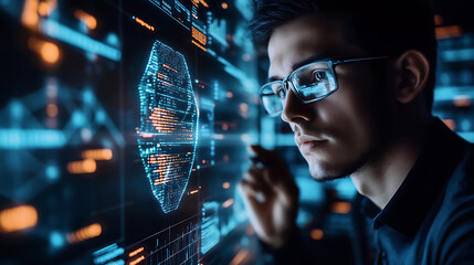 A cybersecurity analyst developing AI driven malware detection systems, tech office with security software, network data