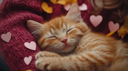 Adorable ginger kitten sleeping peacefully with pink heart decorations