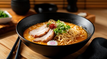 Aromatic Bowl of Ramen Noodles Garnished with Fresh Vegetables and Herbs