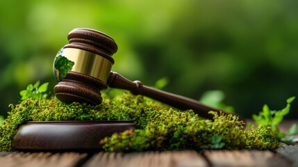 Wooden gavel with earth sphere on moss symbolizing environmental justice concept