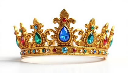 Intricately designed golden crown with shimmering gemstones on isolated white background, elegance, luxury