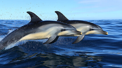 Fototapeta premium Two dolphins are swimming in the ocean, one of which is jumping out of the water
