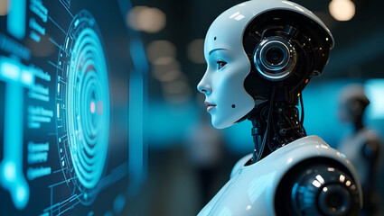 Fototapeta premium Advanced Humanoid Robots: Merging AI for Interactive Experiences & Service Automation in Stock Photos - Explore Human-Like Designs & Innovative Concepts