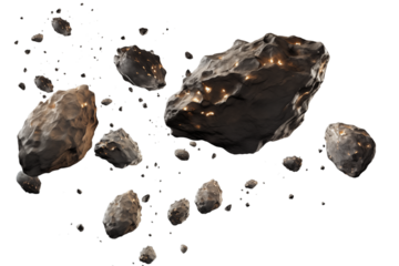 A cluster of asteroids of varying sizes floating against a in outer space scene on transparent background