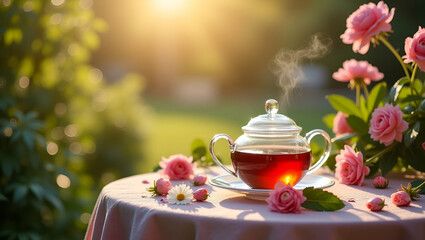Fototapeta premium Enchanting Garden Tea Setting: Vintage Teaware, Floral Backdrops & Natural Light for Serene Outdoor Gatherings - Photo Stock Concept with Empty Space