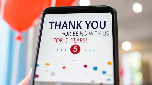 A smartphone displays a celebratory message thanking customers for five years of support, surrounded by colorful confetti and festive balloons.