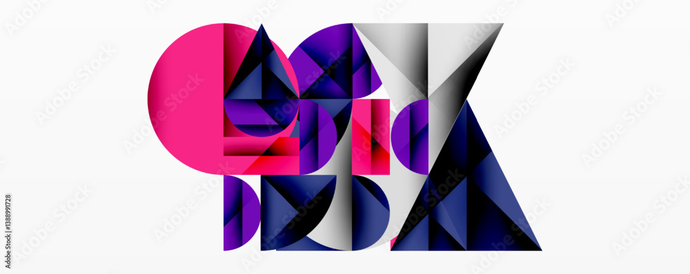 Poster abstract geometric composition. vibrant pink circle intersects with dark blue, purple, white triangl