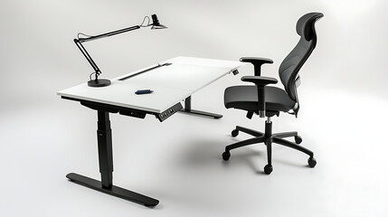 A black and white office desk with a lamp and a black chair