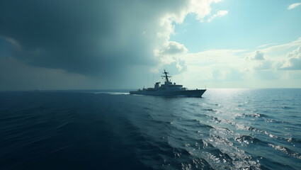Fototapeta premium Maritime Disputes: A Visual Narrative of Contested Waters, Naval Strategy, and Geopolitical Tensions in Critical Sea Lanes - Photo Stock Concept with Left Space for Text