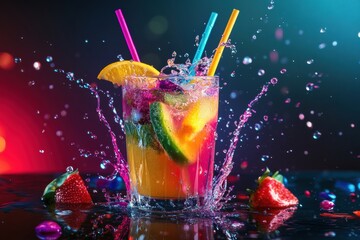 Vibrant cocktail splashes with colorful straws at a tropical party setting during night time