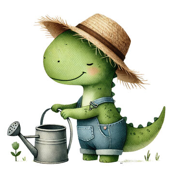 watercolor cute dinosaur in a farmer&rsquo;s outfit, holding a basket of vegetables, gardening in a garden, egetarian healthy food concept. cartoon dinosaur gardener planting flowers.