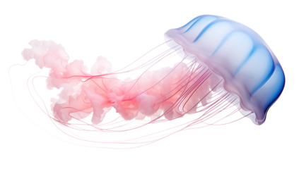 A single jellyfish with pink and blue hues floating against a in a studio shot on transparent background