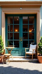 Fototapeta premium Inviting storefront featuring large window door and stylish outdoor furniture, storefront, inviting