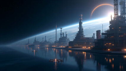 Fototapeta premium Explore stunning wallpaper artwork showcasing state-of-the-art orbital production facilities in expansive empty space, perfect for professional photo stock.