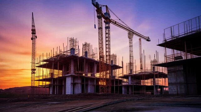 Concrete building under construction with scaffolding and crane during early morning. 