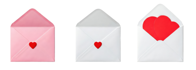 Paper mail letters love day envelopes with hearts isolated on white background, cut out PNG file. Valentine's Day holiday graphic resource concept 