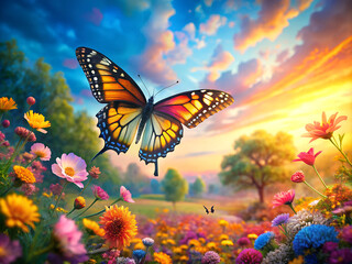colorful butterfly flying over vibrant nature.