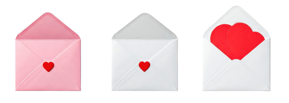 Paper mail letters love day envelopes with hearts isolated on white background, cut out PNG file. Valentine's Day holiday graphic resource concept 