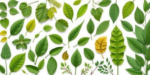 Large vector set of diverse green leaves, various shapes and sizes, flat design, white background,  picture,  isolated