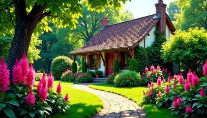 Lush celosia garden surrounding a cozy cottage on a sunny day, celosia, exterior