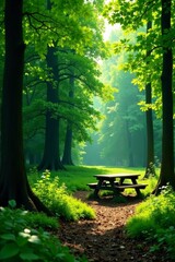 Lush green forest clearing with empty picnic table, serene, outdoor