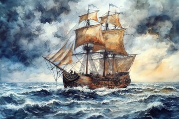 Fototapeta premium A sailing vessel navigating turbulent waters amidst dark and stormy weather