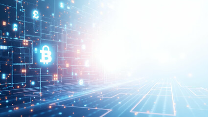 Fototapeta premium Flat Contemporary Wallpaper Design: Abstract Visuals with Crypto Icons & Blockchain Symbols for Modern Fintech Commerce