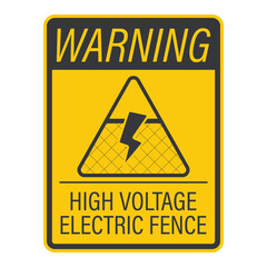 Isolated safety sign of a mesh fence with a lightning bolt icon, warning of high-voltage electric shock danger
