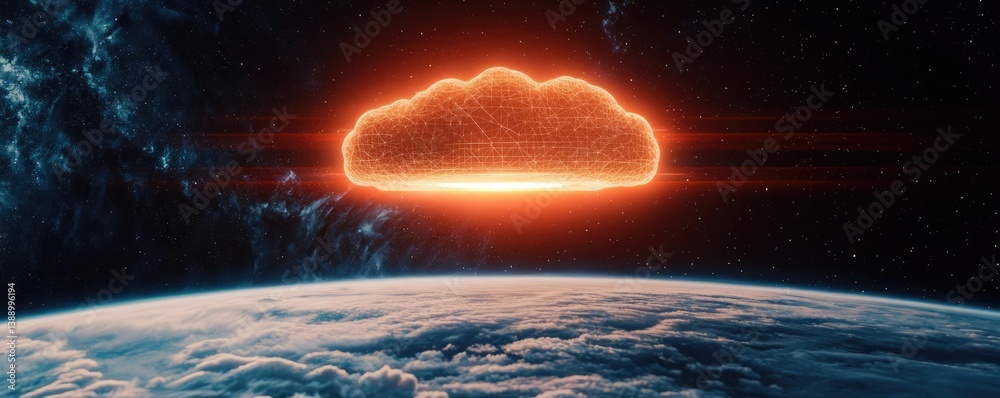 Aufkleber clouds server intelligent glowing system driving globalization concept. futuristic cloud above earth
