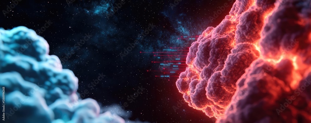 Poster clouds server intelligent glowing system driving globalization concept. vivid cosmic clouds illumina