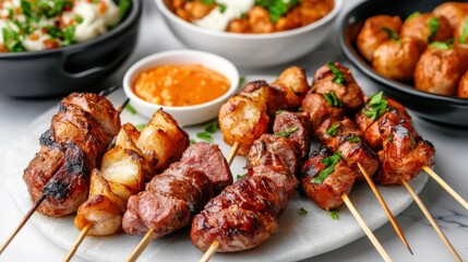 Delicious Plate of Meat Skewers Served with Flavorful Dipping Sauce