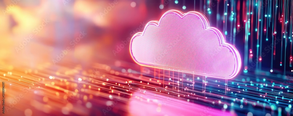 Poster Cloud server intelligent innovation for managing systems concept. Vibrant digital cloud symbol with colorful data streams.