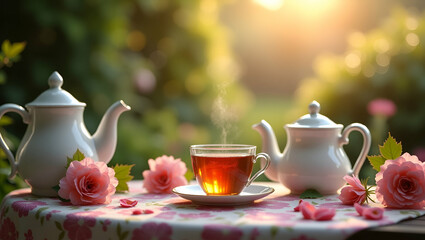 Fototapeta premium Enchanting Garden Tea Experience: Vintage Teaware, Floral Backdrops & Natural Light for Serene Outdoor Gatherings Among Connoisseurs - Photo Stock Concept