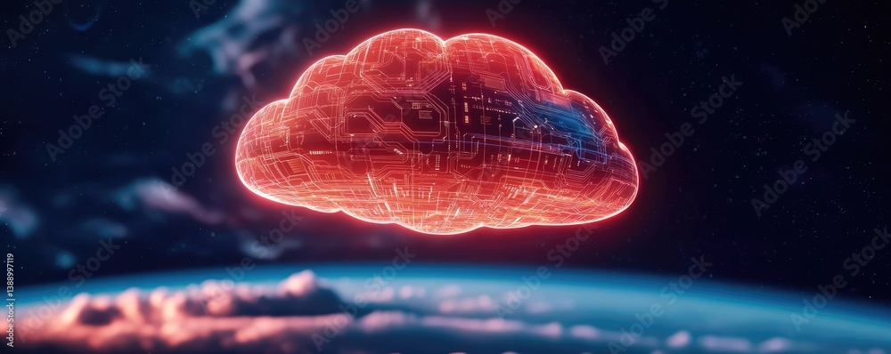 Poster Clouds server intelligent glowing system driving globalization concept. A futuristic cloud representing digital data storage.