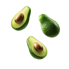 Realistic illustration of fresh whole and halved avocados with seed floating in air, healthy tropical fruit isolated on transparent background