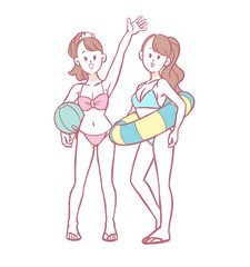 水着姿の若い女性2人