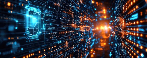 Fototapeta premium Cloud server intelligent innovation for managing systems concept. Futuristic digital landscape with glowing data streams and lights.