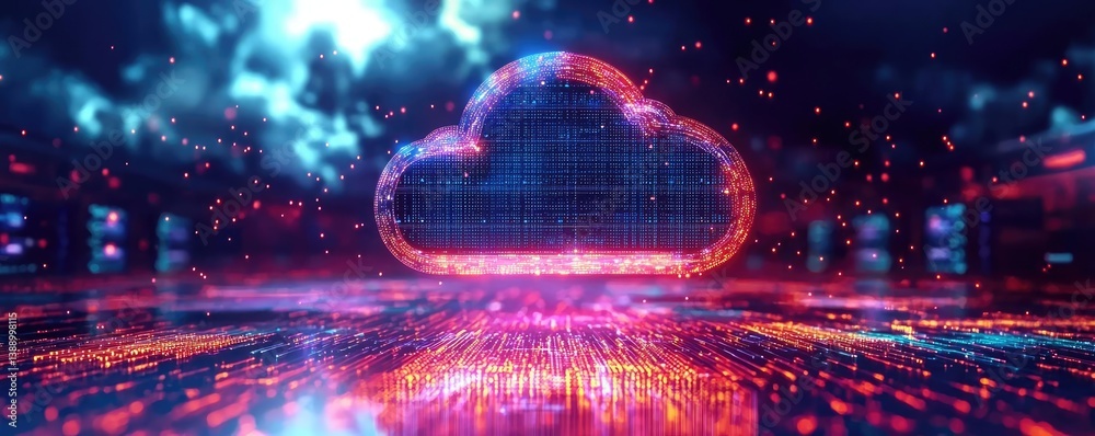 Poster clouds server intelligent glowing system driving globalization concept. futuristic digital cloud tec