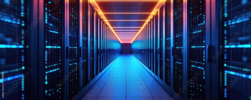Poster cloud server intelligent innovation driving global systems concept. futuristic data center corridor 