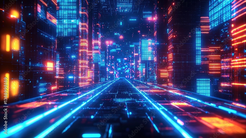 Poster cloud server intelligent innovation for managing systems concept. futuristic cityscape with vibrant 