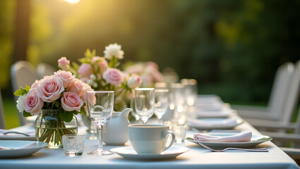 Fototapeta premium Elegant Garden Tea Party: Refined Outdoor Setups & Meticulously Arranged Details for Premium Lifestyle Stock Imagery - Perfect for Event Inspiration
