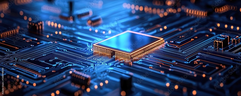 Poster Cloud server intelligent innovation driving global systems concept. Close-up of a vibrant microchip on a blue circuit board.