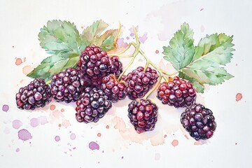 Beautiful Watercolor Painting Depicting a Sprig of Blackberries
