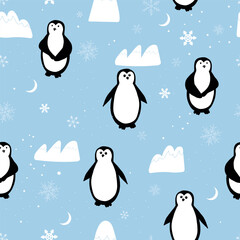 Penguin with snow flakes, stars and mountains. Seamless fabric design pattern