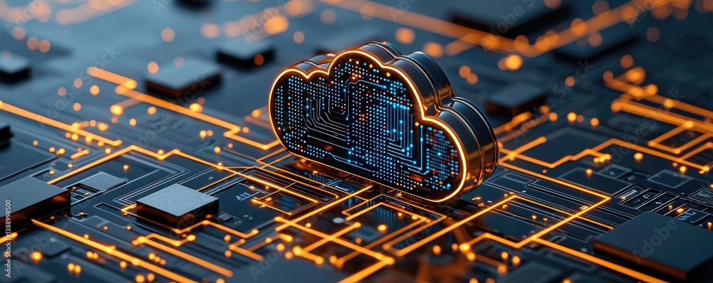 Poster Clouds server intelligent glowing system driving globalization concept. Cloud computing symbol over a digital circuit background.