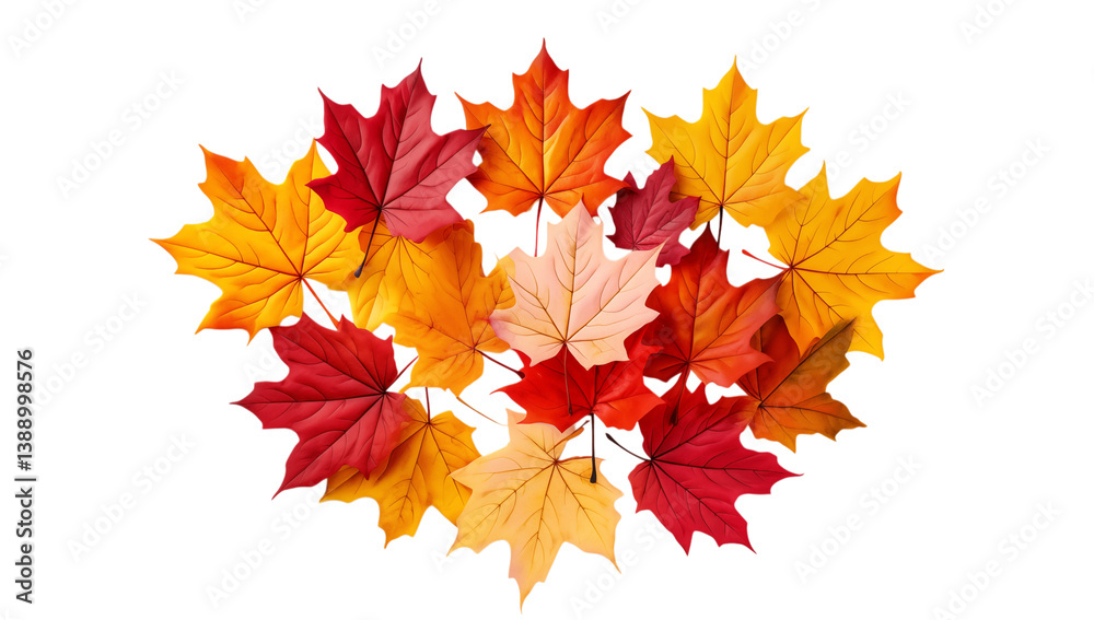 Poster a collection of colorful autumn maple leaves arranged in a circular pattern on on transparent backgr