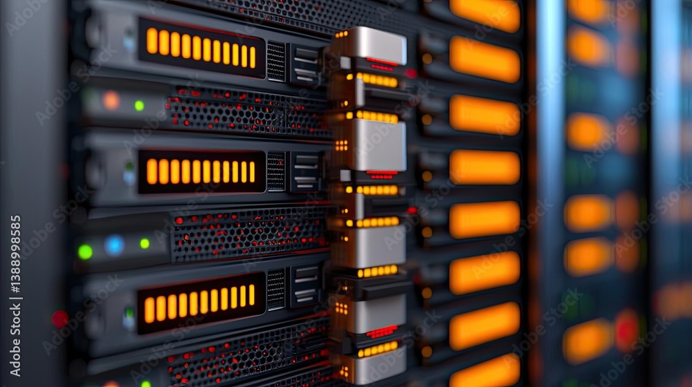 Aufkleber Cloud server intelligent innovation for managing systems concept. Close-up of server racks with glowing lights and data processing.