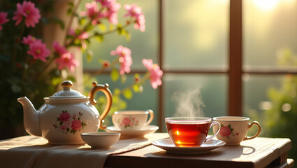 Fototapeta premium Capture an exquisite tea in a garden setting with refined floral backdrops dynamic vintage teaware and sophisticated natural light that evoke serene relaxation cultural tradition and refined elegance 