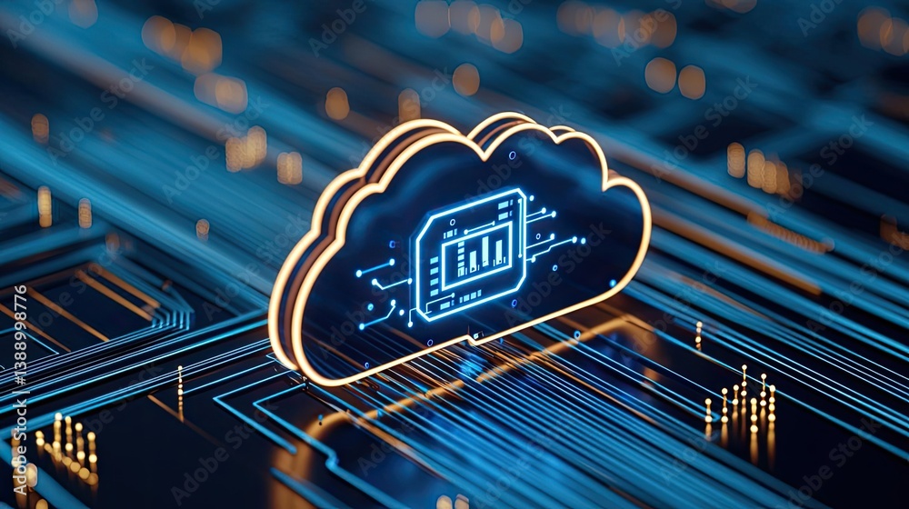 Poster Cloud server intelligent innovation driving global systems concept. Digital cloud computing with circuit board design and data flow.